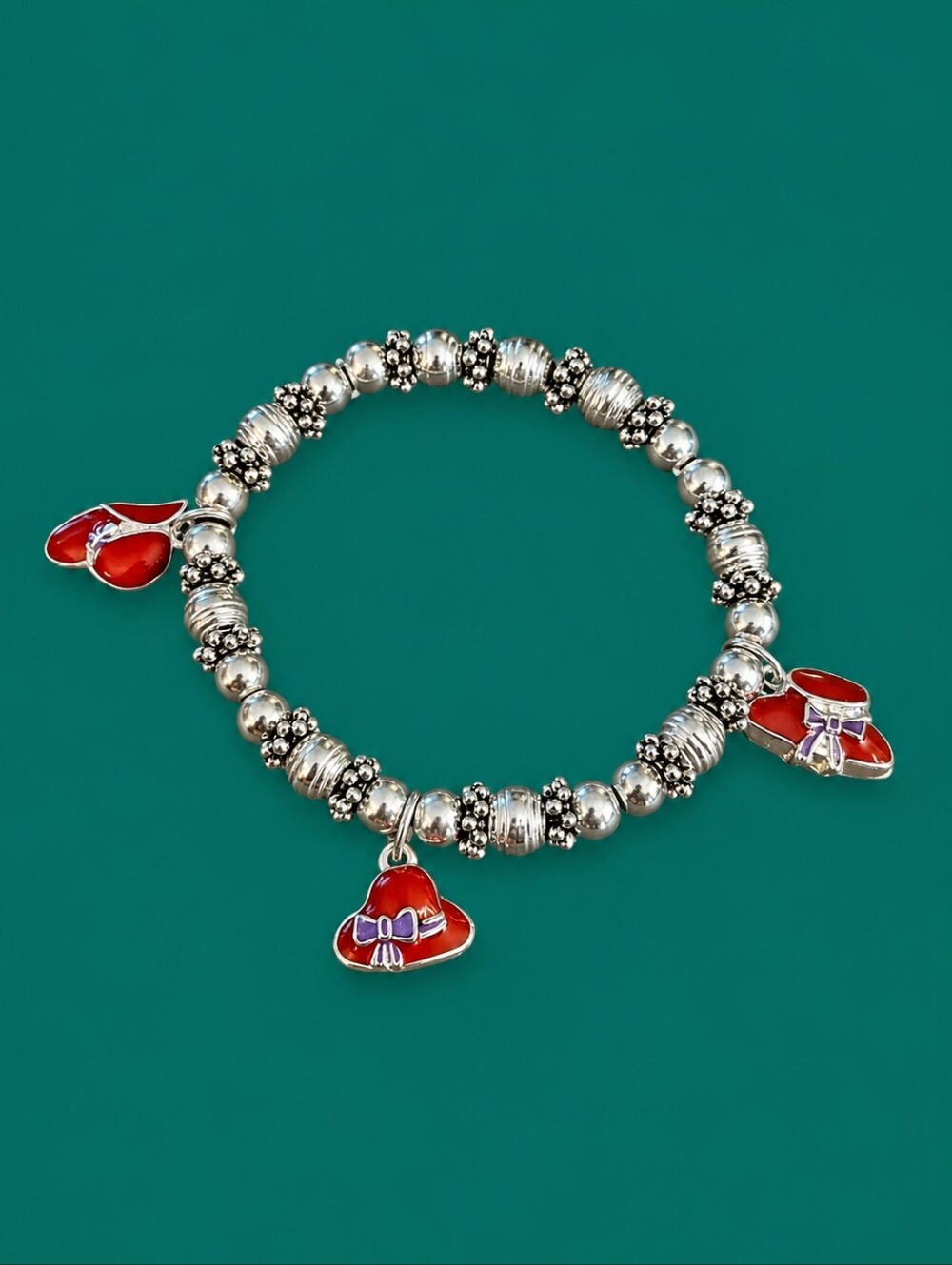 3/$30 Red Hat Society Metal Beaded Stretch Charm Bracelet